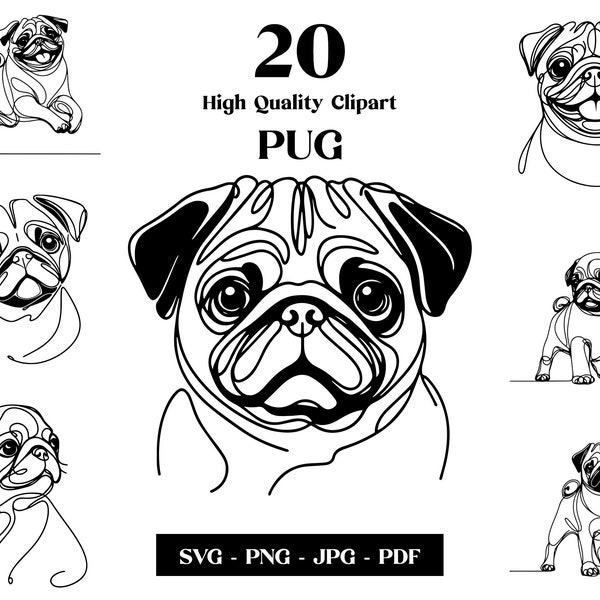 Pug SVG & PNG Clipart Bundle: Digital Line Art, Minimalist Vector Dog Drawing for Sublimation, Dog Lover, Puppy Digital Download