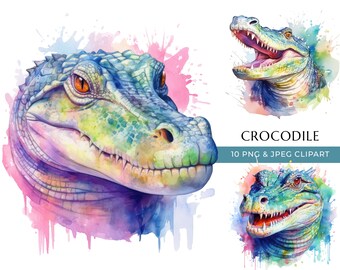 Watercolor Crocodile Clipart – Wild Animal PNG & JPEG (Digital Download)