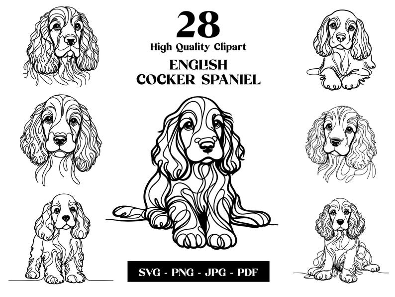English Cocker Spaniel Line Art Clipart Bundle (digital Download) - Etsy
