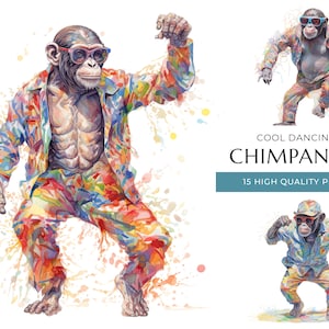 Cool Dancing Chimpanzee Clipart, 15 High Quality PNGs, Funny Watercolor Monkey, Digital Prints and Creative Projects, Digital Download