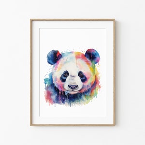 May include: A watercolor painting of a panda bear with a colorful rainbow background. The panda's fur is black and white, and the background is a mix of pink, blue, green, and yellow.