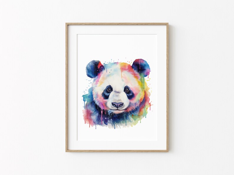 May include: A watercolor painting of a panda bear with a colorful rainbow background. The panda's fur is black and white, and the background is a mix of pink, blue, green, and yellow.
