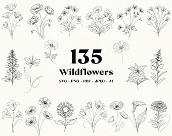 135 Wildflowers Line Art SVG Bundle: Floral Clipart (Digital Download)