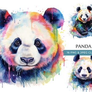 Clipart de panda - 16 PNGs e JPEG de alta qualidade - Impressão colorida de urso em aquarela - Artesanato digital - Download digital instantâneo