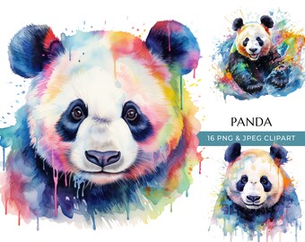 Watercolor Panda Clipart: Colorful Bear PNG & JPEG (Digital Download)