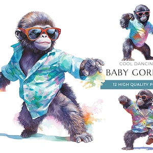 Dancing Baby Gorilla Clipart: 12 Watercolor PNGs (Digital Download)