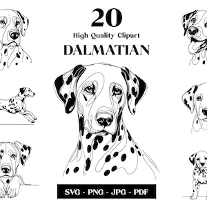 Pacchetto Dalmata SVG e PNG Clipart: Digital Line Art, Disegno vettoriale minimalista per sublimazione, Amante dei cani, Download digitale del cucciolo