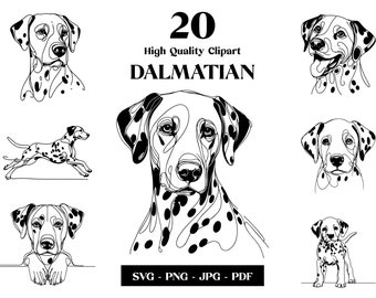 May include: A set of 20 high quality Dalmatian dog clipart images in black and white. The images include various poses of the dog, including a Dalmatian running, sitting, and looking to the side. The text "20 High Quality Clipart DALMATIAN" is at the top of the image. The text "SVG - PNG - JPG - PDF" is at the bottom of the image.