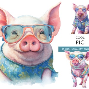Watercolor Pig Clipart with Sunglasses, 10 High-Quality PNG & JPEG, Cool Farm Animal Print, Digital Crafting, Digital Download