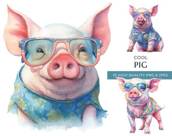 Clipart de cerdo en acuarela con gafas de sol, arte de animales de granja (descarga digital)