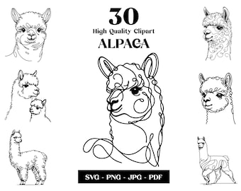May include: A set of 30 high-quality alpaca clipart images in black and white. The images feature various poses and styles of alpacas, including a mother and baby alpaca, a single alpaca standing, and an alpaca with its head turned to the side. The images are perfect for use in digital projects, such as scrapbooking, card making, and web design.