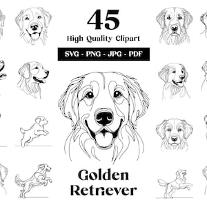 Pacchetto di clipart SVG e PNG di Golden Retriever: disegno lineare digitale, disegno vettoriale minimalista di un cane per sublimazione, amante dei cani, download digitale