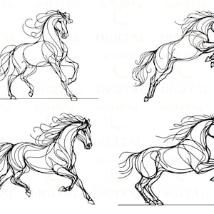 Pu&ograve; includere: Quattro disegni a linea di cavalli in diverse pose. Ogni cavallo &egrave; disegnato con una linea fluida e stilizzata.