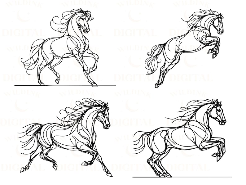 Pu&ograve; includere: Quattro disegni a linea di cavalli in diverse pose. Ogni cavallo &egrave; disegnato con una linea fluida e stilizzata.