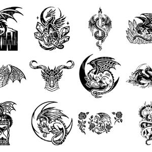 Puede incluir: Una colecci&oacute;n de ilustraciones de dragones en blanco y negro. Los dise&ntilde;os presentan dragones en varias poses, incluyendo posados en rocas, enrollados alrededor de velas y dentro de lunas crecientes. Algunos dise&ntilde;os incorporan cristales y elementos florales.