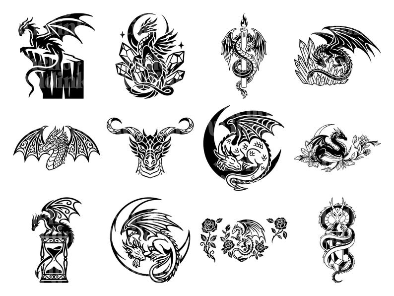 Puede incluir: Una colecci&oacute;n de ilustraciones de dragones en blanco y negro. Los dise&ntilde;os presentan dragones en varias poses, incluyendo posados en rocas, enrollados alrededor de velas y dentro de lunas crecientes. Algunos dise&ntilde;os incorporan cristales y elementos florales.