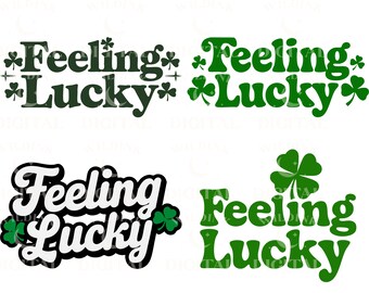 May include: Four different designs of the phrase "Feeling Lucky" with shamrocks. The designs are in green, black, and white.