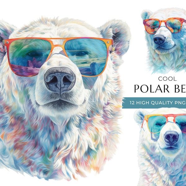 Watercolor Polar Bear Clipart with Sunglasses, 12 High-Quality PNG & JPEG, Cool Woodland Animal Print, Digital Crafting, Digital Download