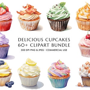 Aquarell Cupcakes Clipart 60+ hochwertige PNG & JPEG, süßes Dessert, Essen, Geburtstag Clipart, Junk Journal, digitaler Download