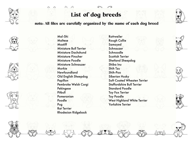 May include: A black and white illustration of various dog breeds, including a Rottweiler, a Shih Tzu, a Yorkshire Terrier, and a Miniature Schnauzer. The text "List of dog breeds" is at the top of the image. The text "note: All files are carefully organized by the name of each dog breed" is below the title.