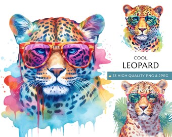 Akvarell leopard clipart med solglasögon, safari djurtryck (digital nedladdning)