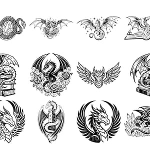 Puede incluir: Una colecci&oacute;n de ilustraciones de dragones en blanco y negro. Los dise&ntilde;os incluyen dragones con alas, dragones enrollados alrededor de cristales y dragones posados en libros. Algunos dise&ntilde;os est&aacute;n enmarcados por c&iacute;rculos o rosas.