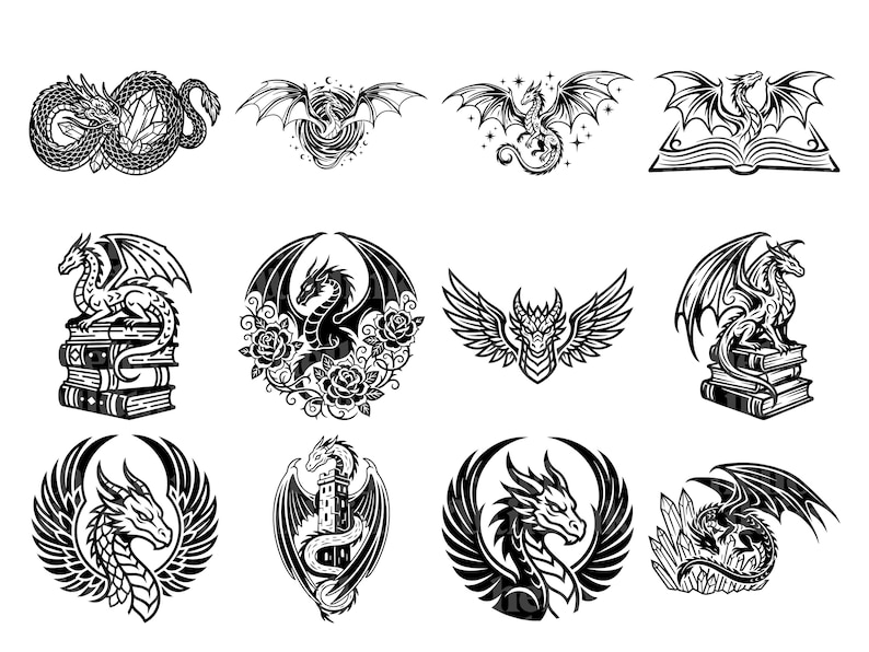 Puede incluir: Una colecci&oacute;n de ilustraciones de dragones en blanco y negro. Los dise&ntilde;os incluyen dragones con alas, dragones enrollados alrededor de cristales y dragones posados en libros. Algunos dise&ntilde;os est&aacute;n enmarcados por c&iacute;rculos o rosas.