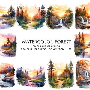Acquerello Foresta Clipart 30 PNG e JPEG di alta qualità, ClipArt in legno, Paesaggio forestale, Alberi al tramonto e opere d'arte fluviali, Download digitale
