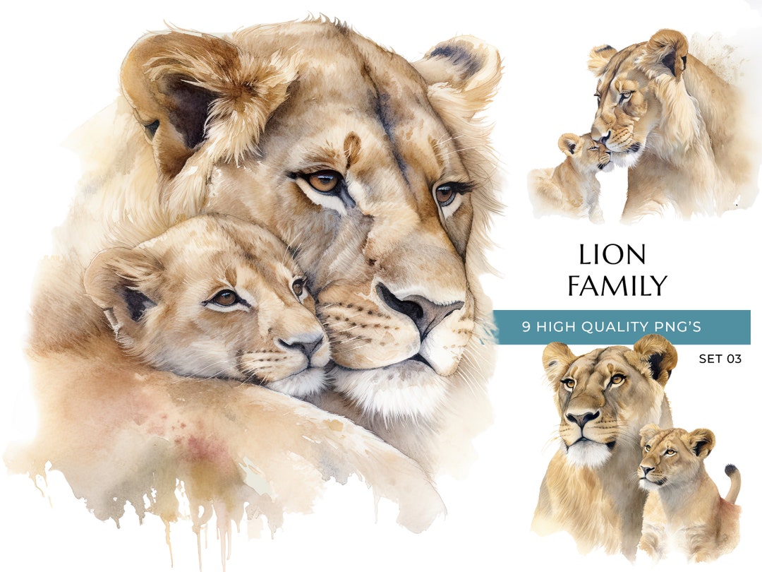 ライオンと子ライオンの水彩画クリップアート：サファリの子供部屋の