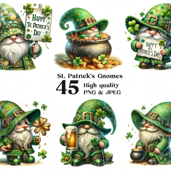 St Patrick's Day Gnome Clipart Bundle 45 High Quality PNG & JPEG, Digital Download, Junk Journals, Commercial Use, Sublimation