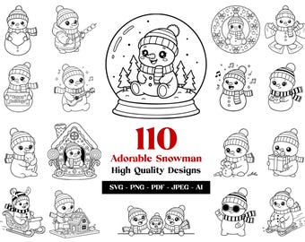 Snowman SVG Bundle, 110 Kawaii Christmas Clipart (Digital Download)