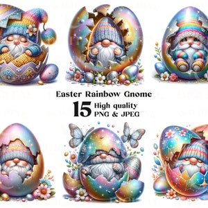 Easter Gnome Clipart Bundle 15 High Quality PNG & JPEG, Cute Colorful Watercolor Gnomes, Spring Clipart, Sublimation, Junk Journal