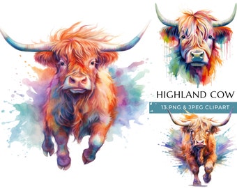 Clipart di mucca scozzese ad acquerello: animale da fattoria PNG e JPEG (download digitale)