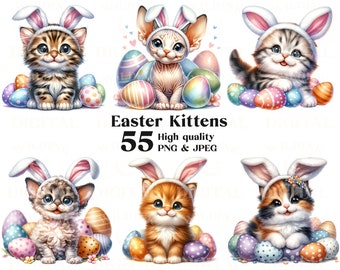 Easter Cats Clipart Bundle 55 High Quality PNG & JPEG, Watercolor Cute Kittens, Sublimation, Spring Cats, Junk Journal, Digital Download