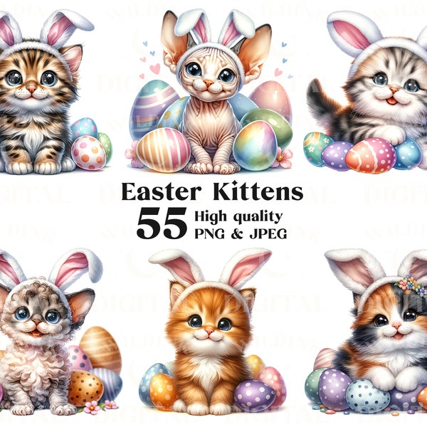 Easter Cats Clipart Bundle 55 High Quality PNG & JPEG, Watercolor Cute Kittens, Sublimation, Spring Cats, Junk Journal, Digital Download