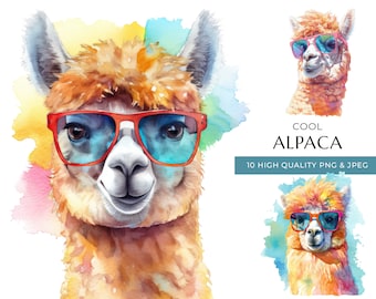 Watercolor Alpaca Clipart with Sunglasses, 10 High-Quality PNG & JPEG, Cool Farm Animal Print, Digital Crafting, Digital Download