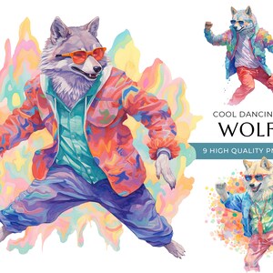 May include: A digital illustration of a wolf wearing sunglasses and a colorful outfit, dancing against a background of swirling colors. The text "COOL DANCING WOLF 9 HIGH QUALITY PNG'S" is below the wolf.