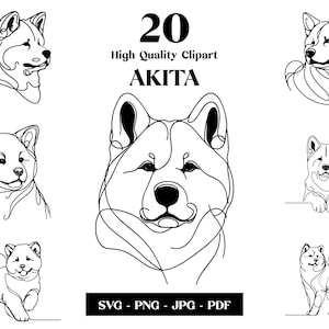 Pacchetto Akita SVG e PNG Clipart: Digital Line Art, disegno vettoriale minimalista per sublimazione, amante dei cani, download digitale del cucciolo