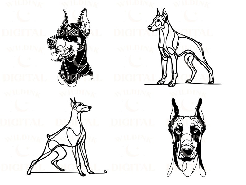 Doberman Line Art: Minimalist Vector Dog Clipart Bundle (digital ...