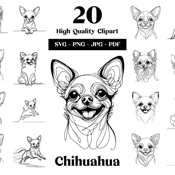 Chihuahua SVG & PNG Clipart Bundle: Digital Line Art, Minimalist Vector Dog Drawing for Sublimation, Dog Lover, Digital Download