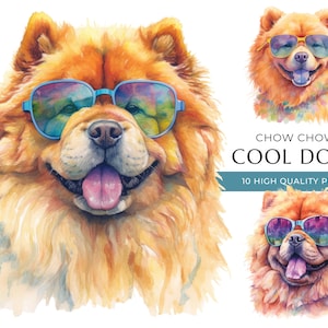 Cool Chow Chow Dog Clipart, 10 High Quality PNGs, Funny Dogs with sunglasses Watercolor Print, Digital Crafting, Digital Download