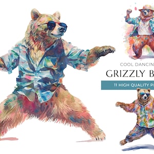 Cool Dancing Grizzly Bear Clipart, 11 PNG's van hoge kwaliteit, grappige aquareldieren, digitale prints en creatieve projecten, digitale download