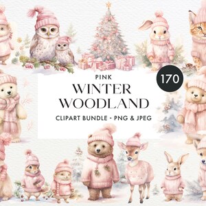 Animaux de Noël des bois roses, 170 Bundle de cliparts, clipart Animal forêt, hiver des cliparts, Noël des bois, téléchargement numérique