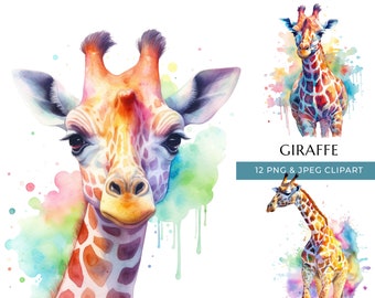 May include: Watercolor painting of a giraffe's head with colorful splatter paint in the background. The giraffe has a light brown and orange patterned coat. The image is part of a set of 12 PNG and JPEG clipart images.