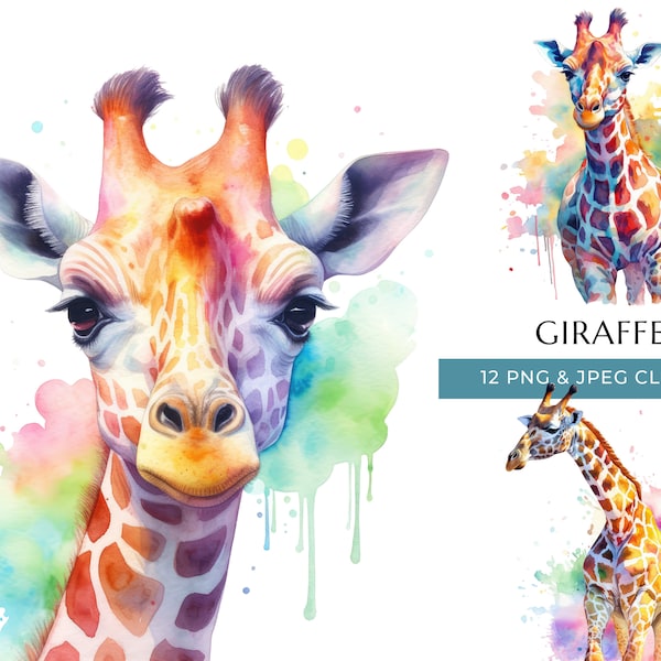 Giraffe Clipart - 12 High Quality PNGs & JPEG - Colorful Watercolor Safari Animal Prints - Digital Crafting - Instant Digital Download