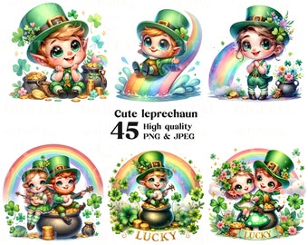 May include: A set of 45 digital illustrations of cute leprechauns in various poses. The leprechauns are wearing green hats and clothes, and some are holding pots of gold. The illustrations are perfect for St. Patrick's Day crafts and projects.