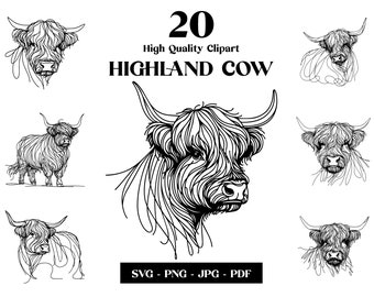 Highland Cow SVG Clipart: Linea minimalista vettoriale (download digitale)