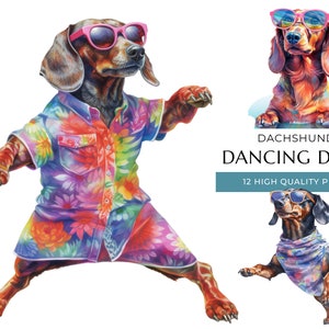 Dancing Dachshund Watercolor Clipart: Funny Dog PNG Prints (Digital Download)