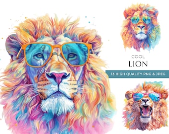 Watercolor Lion Clipart, Sunglasses, Safari Animal Print (Digital Download)