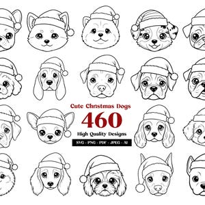 Puede incluir: Ilustraciones en blanco y negro de varias razas de perros con gorros de Papá Noel. La imagen incluye el texto "Cute Christmas Dogs" y "460 High Quality Designs" con opciones de tipo de archivo.